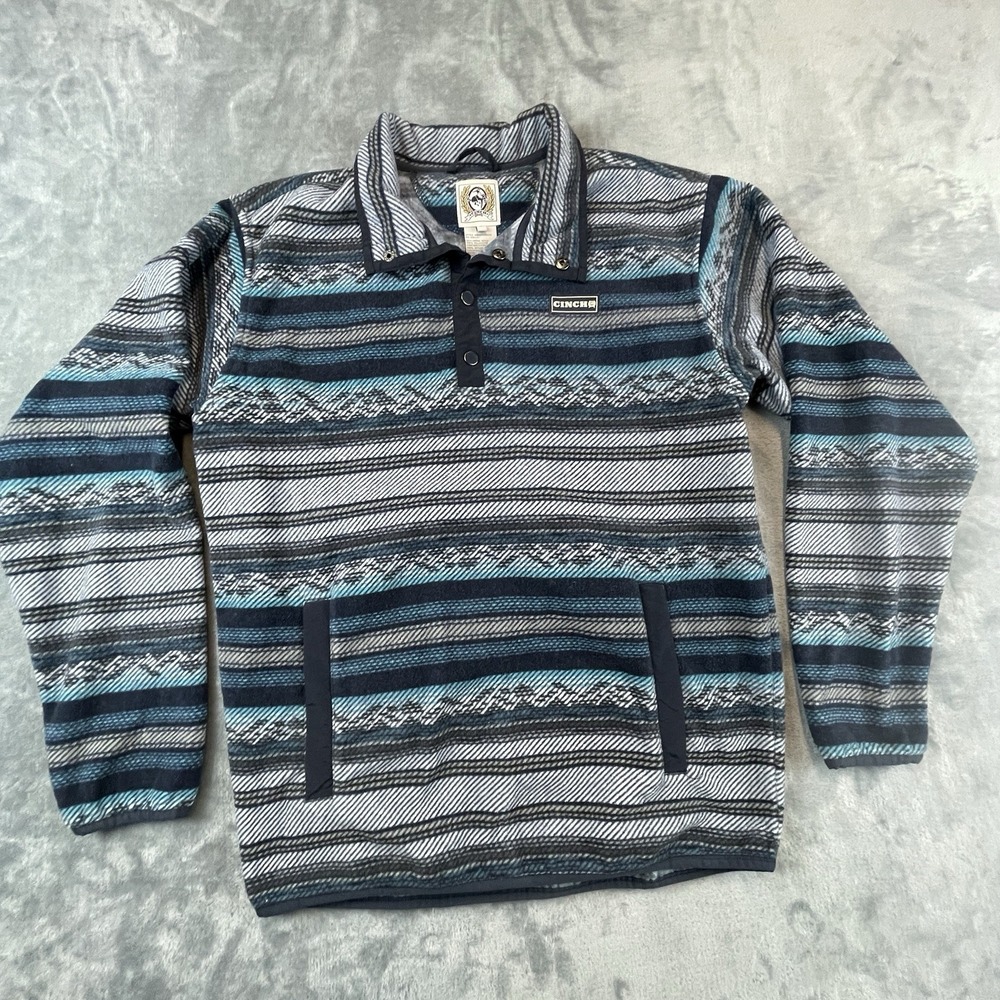 Cinch Fleece Pullover Mens Small Blue Southwest Western 1/4 Snap Front Pocket